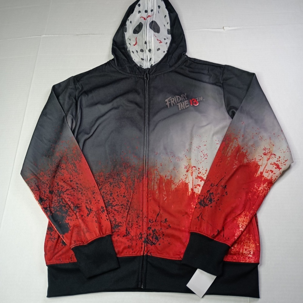 Friday The 13th Men's Jason Mask Zip Up Hoodie Halloween Costume‎ Horror Black S